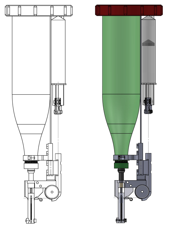This is the final drawing made with a CAD software. We can see the cover (in red) of the sewer pipe a.k.a. the ballast in witch all the mechanism goes.